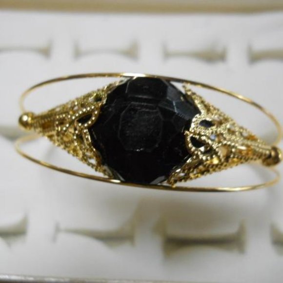 Gold Bangle Cuff Bracelet w/ Black Crystal Stone Fashion Jewelry (set of 2) - Picture 2 of 3